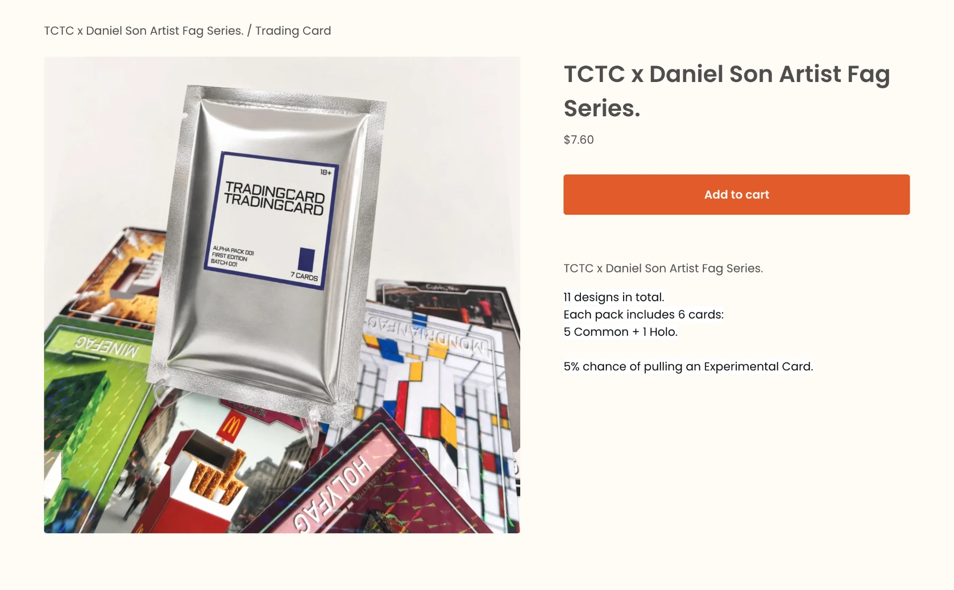 Big Cartel product page for the TCTC x Daniel Son Artist Series trading card pack